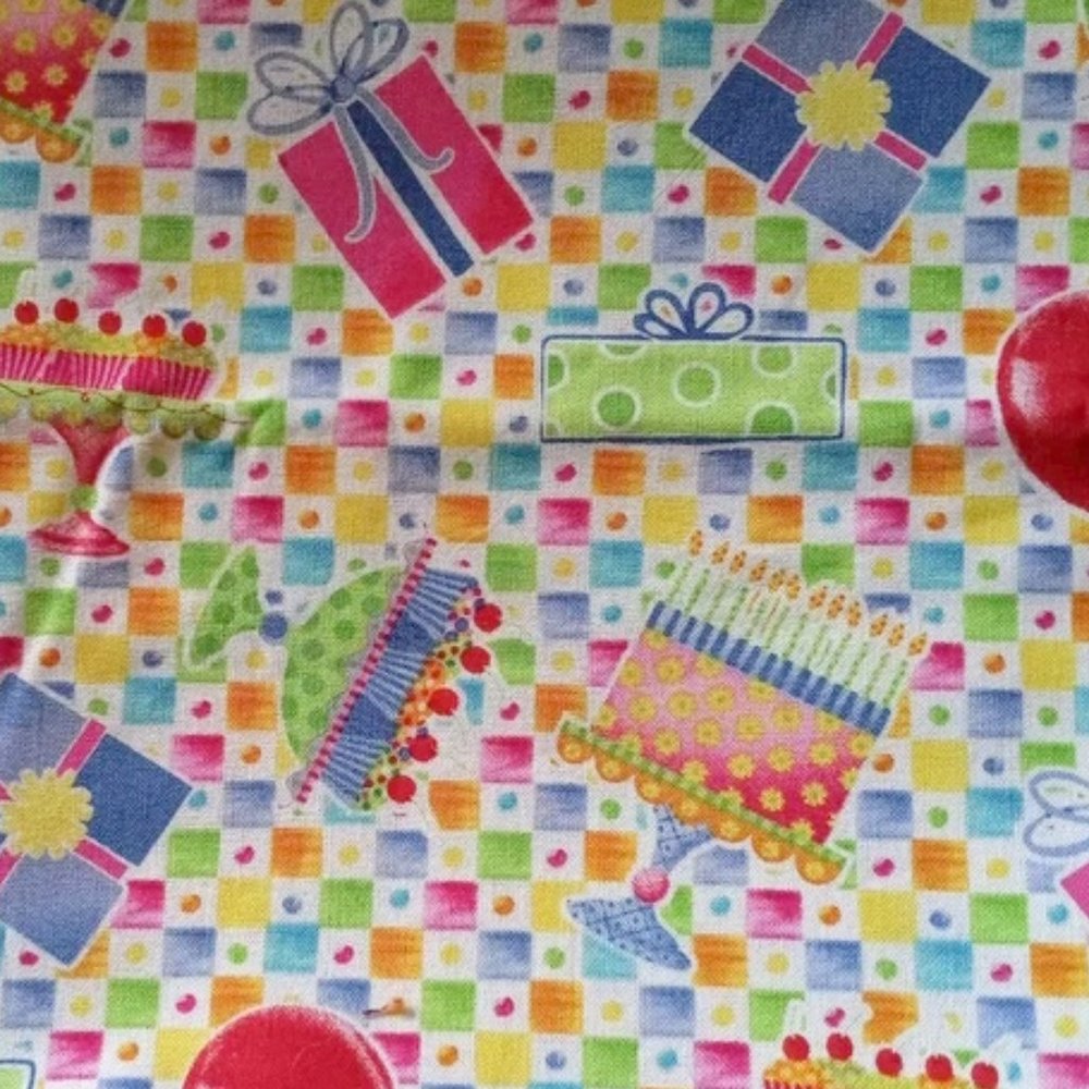 FABRIC #129 - Cotton - Happy Birthday Party Print Cake Gifts Balloons - 1 yd